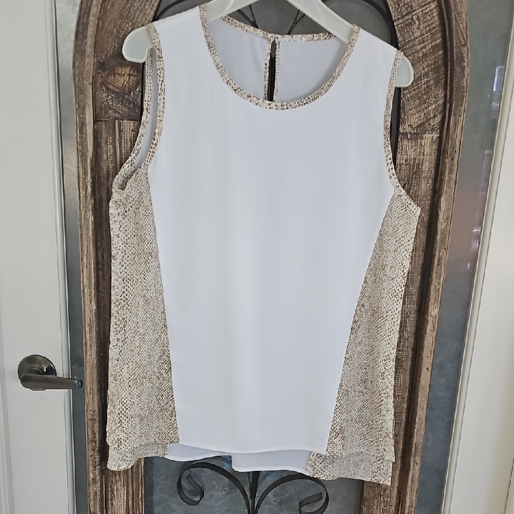 Elegant White and Tan Sleeveless Top